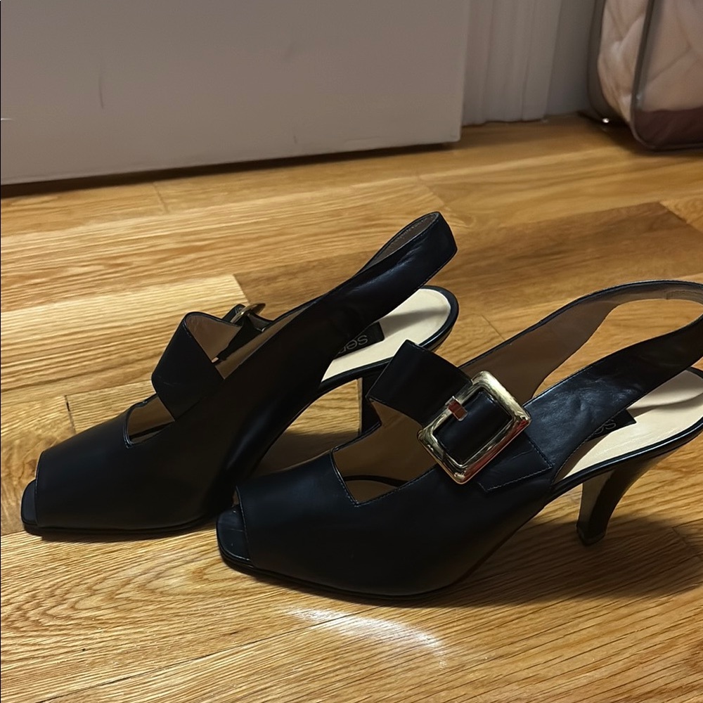 Sergio Rossi Black Peep-Toe Slingback Heels with Gold Buckle Vintage